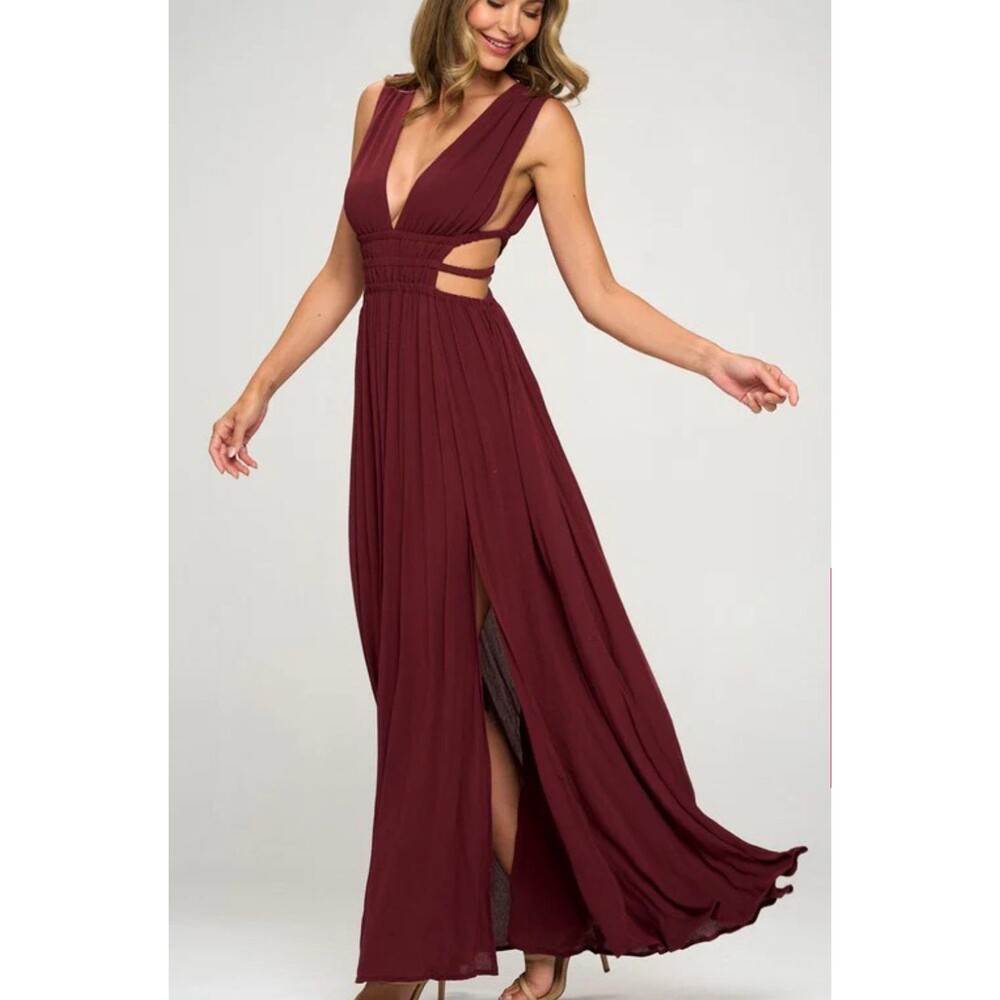 Lovely Day Burgundy Maxi Dress with Side Cutouts
